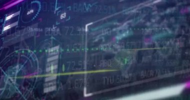 Dünya haritası üzerinde finansal veri işleme ve istatistiklerin animasyonu. Küresel iş, finans ve veri işleme kavramı dijital olarak oluşturulmuş video.