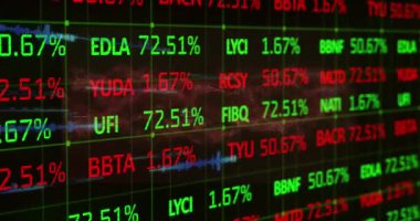 Finansal veri işleme animasyonu ve siyah arkaplan istatistikleri. Küresel finans, iş ve veri işleme kavramı dijital olarak oluşturulmuş video.