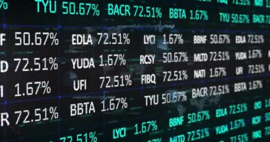 Finansal veri işleme animasyonu ve siyah arkaplan istatistikleri. Küresel finans, iş ve veri işleme kavramı dijital olarak oluşturulmuş video.