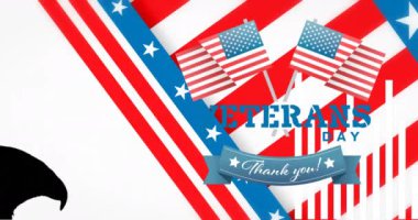 ABD bayrak renklerinde kartal şekilli animasyon ve geçmiş üzerinde gaziler günü. Amerikan vatanseverliği, kültür ve kutlama konsepti dijital olarak oluşturulmuş video.