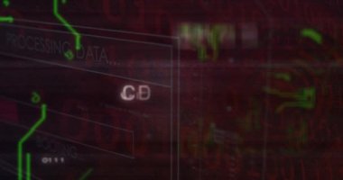 Anakart ve veri işleme üzerinden şifreli metin animasyonu. Dijital olarak oluşturulmuş küresel çevrimiçi siber güvenlik, bilgisayar ve veri işleme kavramı.