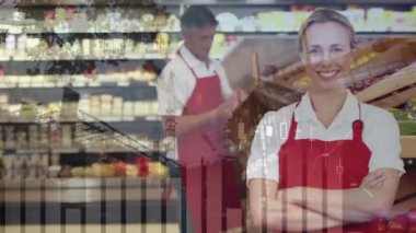 Kafkasyalı satıcı üzerinden finansal veri işleme animasyonu. Küresel iş ve veri işleme kavramı dijital olarak oluşturulmuş video.