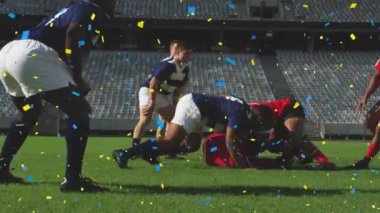 Stadyumdaki çeşitli erkek rugby oyuncularının üzerine düşen konfeti animasyonu. Spor, ragbi, turnuva ve zafer konsepti dijital olarak oluşturulmuş video.
