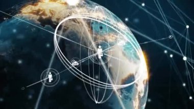 Simgelerle bağlantıları olan dünyanın animasyonu. Dijital olarak oluşturulmuş küresel bağlantılar, ağlar ve veri işleme kavramı.
