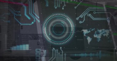 Veri işleme, bilgisayar ana kartı ve sunucularda tarama alanının animasyonu. Dijital olarak oluşturulmuş küresel çevrimiçi güvenlik, bilgisayar ve veri işleme kavramı.