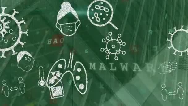 Animation Pandemic Icons Moving Servers Malware Scanning Network Data Processing — Stock Video