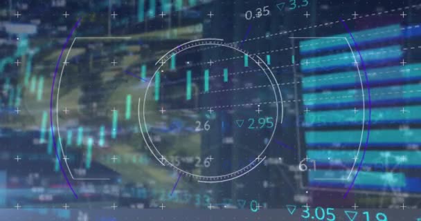 Animation Des Scannings Und Der Datenverarbeitung Über Das Stadtbild Globale — Stockvideo