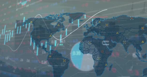 Animatie Van Financiële Gegevensverwerking Wereldkaart Stadsgezicht Global Business Finance Data — Stockvideo