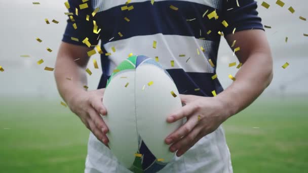 Animação Confetes Caindo Sobre Parte Central Jogador Rugby Masculino Caucasiano — Vídeo de Stock