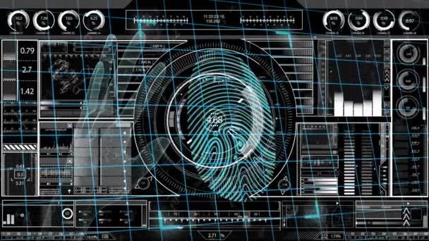 デジタル画面上の多様なデータ処理上の指紋のアニメーション データ処理 デジタルセキュリティ テクノロジーの概念デジタル生成ビデオ — ストック動画