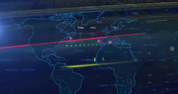 Animace Zpracování Dat Přes Mapu Světa Černém Pozadí Globální Technologie — Stock video