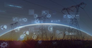 Elektrik direkleri üzerinde tarama ve küreyle veri işleme bileşimi. Küresel teknoloji, bilgisayar ve dijital arayüz kavramı dijital olarak oluşturulmuş görüntü.