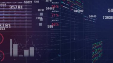 Mavi arka planda istatistik ve veri işleme animasyonu. Küresel iş, bilgisayar ve veri işleme kavramı dijital olarak oluşturulmuş video.