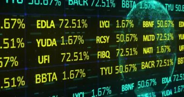 Finansal veri işlemenin animasyonu ve siyah arka plandaki dünya. Küresel finans, iş ve veri işleme kavramı dijital olarak oluşturulmuş video.