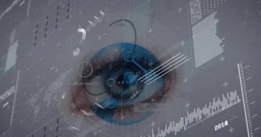 Beyaz arka plan üzerinde kadın gözü ile veri işleme ile dijital arayüzün animasyonu. Küresel veri işleme kavramı dijital oluşturulmuş video.