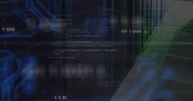 Sunucular üzerinde veri işleme ve entegre devrelerin animasyonu. Veri işleme, ağ ve teknoloji konsepti dijital olarak oluşturulmuş video.