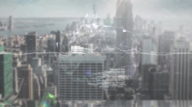 Şehirdeki finansal veri işleme animasyonu. Küresel iş, finans ve veri işleme kavramı dijital olarak oluşturulmuş video.