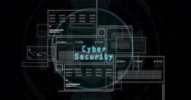 Siyah arkaplan üzerinde veri işleme ile dijital arayüzün animasyonu. Küresel veri işleme kavramı dijital oluşturulmuş video.