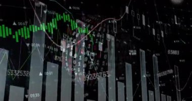 Grafiklerin ve verilerin siyah arka planda dünya üzerinde canlandırılması. Küresel finans, ekonomi ve teknoloji kavramı dijital olarak üretilen video.