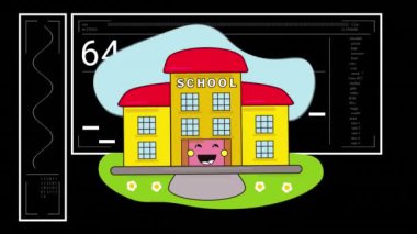 Okul animasyonları masalar ve siyah arkaplandaki numaralar. Okul, eğitim, finans ve ekonomi konsepti dijital olarak oluşturulmuş video.