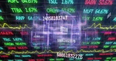 Finansal veri işlemenin animasyonu ve karanlık arka plan üzerindeki dünya. Küresel iş, finans ve veri işleme kavramı dijital olarak oluşturulmuş video.