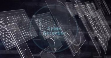 Siyah arkaplan üzerinde veri işleme ile dijital arayüzün animasyonu. Küresel veri işleme kavramı dijital oluşturulmuş video.