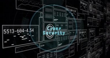 Siyah arkaplan üzerinde veri işleme ile dijital arayüzün animasyonu. Küresel veri işleme kavramı dijital oluşturulmuş video.