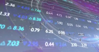 Bozukluk animasyonu, finansal veriler ve siyah arkaplan grafikleri. Küresel finans, ekonomi ve teknoloji kavramı dijital olarak üretilen video.