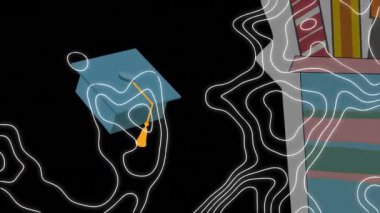 Kara zemine karşı havan, elma ve okul malzemeleriyle soyut desenlerin animasyonu. Dijital olarak üretilmiş, hologram, meyve, kırtasiye, aydınlatma, soyut ve eğitim kavramı.