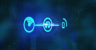 Donanma arkaplanındaki teknoloji simgelerinin, ışığın ve verilerin animasyonu. Veri işleme, bağlantılar, ağ ve teknoloji konsepti dijital olarak oluşturulmuş video.