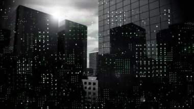 Şehirdeki finansal veri işleme animasyonu. Küresel iş, finans ve veri işleme kavramı dijital olarak oluşturulmuş video.