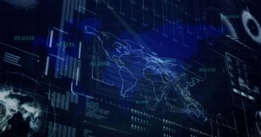 Veri işlemenin animasyonu ve dünya haritası karanlık dijital ekranda. Dijital olarak oluşturulan küresel ağ, veri ve teknoloji konsepti.