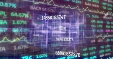 Karanlık arka planda finansal veri işleme animasyonu. Küresel iş, finans ve veri işleme kavramı dijital olarak oluşturulmuş video.