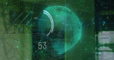 Koyu yeşil arka planda dünya üzerindeki grafiklerin ve verilerin animasyonu. Küresel finans, ekonomi ve teknoloji kavramı dijital olarak üretilen video.