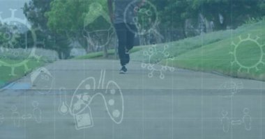 Stadyumda protez bacak eğitimi alan Afrikalı Amerikalı adamın dijital ekran animasyonu. Engellilik, aktif yaşam tarzı ve dijital arayüz konsepti dijital olarak oluşturulmuş video.