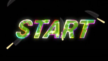 Çok renkli başlangıç metinlerinin canlandırması ve siyah arkaplana karşı düşen bıçaklar. Dijital olarak oluşturulmuş, hologram, aydınlatma, düğmeye basma, vektör ve soyut kavram.