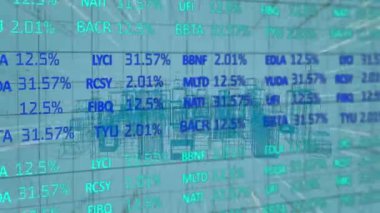 Şehirdeki finansal veri işleme animasyonu. Küresel iş, finans ve veri işleme kavramı dijital olarak oluşturulmuş video.