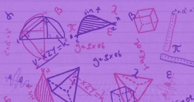 Pembe arka planda geometri ve matematik formüllerinin animasyonu. Matematik, geometri, eğitim, sayılar, dijital alan ve teknoloji konsepti dijital olarak oluşturulmuş video.