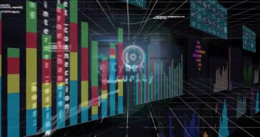 Siyah arkaplan üzerinde veri işleme ile dijital arayüzün animasyonu. Küresel veri işleme kavramı dijital oluşturulmuş video.