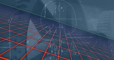 Mavi arka planda dijital alan, türbin ve matematik formüllerinin animasyonu. Matematik, geometri, eğitim, sayılar, dijital alan ve teknoloji konsepti dijital olarak oluşturulmuş video.