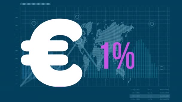 Анімація Фіолетового Білого Знака Євро Відсотків Рахуються Цифровій Карті Цифрова — стокове відео