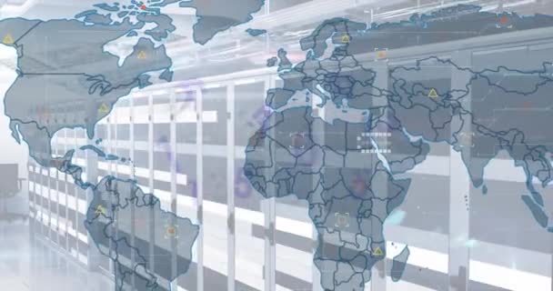Анимирование Данных Карты Мира Серверах Глобальная Сеть Обработка Данных Технологическая — стоковое видео