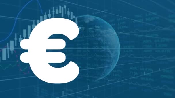 Animering Eurotecken Med Handelstavla Och Diagram Över Hela Världen Digitalt — Stockvideo