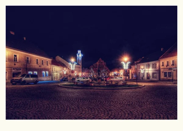 Klasterec Nad Ohri República Checa Diciembre 2021 Plaza Con Luces —  Fotos de Stock