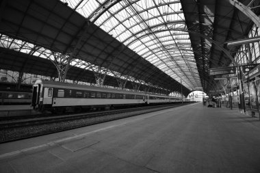 Prag, Çek Cumhuriyeti - 27 Şubat 2022: Prag 'ın ana tren istasyonunda Regiojet şirketinin turuncu treni