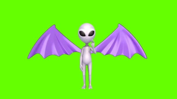 Alien mit Flügeln auf grünem Bildschirm Hintergrund 4K-Animationen. Human Skull Devil Wings 3D Renderings.