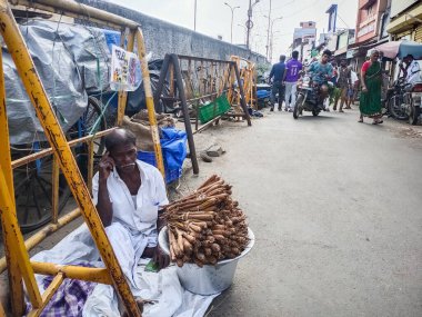  Palmira lahanaları (Palmyra tuber olarak da bilinir) Chennai 'deki yol kenarı pazarında satılıyor..