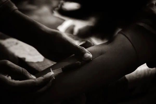 Closeup View Doctor Hands Taking Blood Sample Pregnant Lady Swab — Zdjęcie stockowe