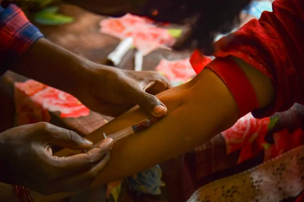 Closeup View Doctor Hands Taking Blood Sample Pregnant Lady Swab — Stockfoto