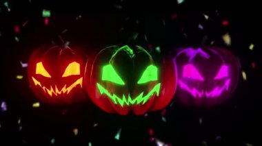 Konfeti Düşen Arkaplan 4K animasyonlu renkli Cadılar Bayramı Balkabakları. Korkunç Balkabağı Cadılar Bayramı Festivali.